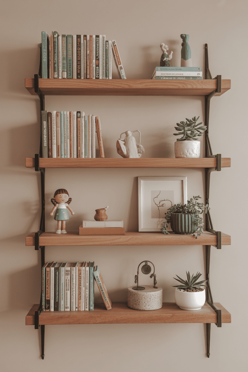 Vegghyller med bøker og dekor