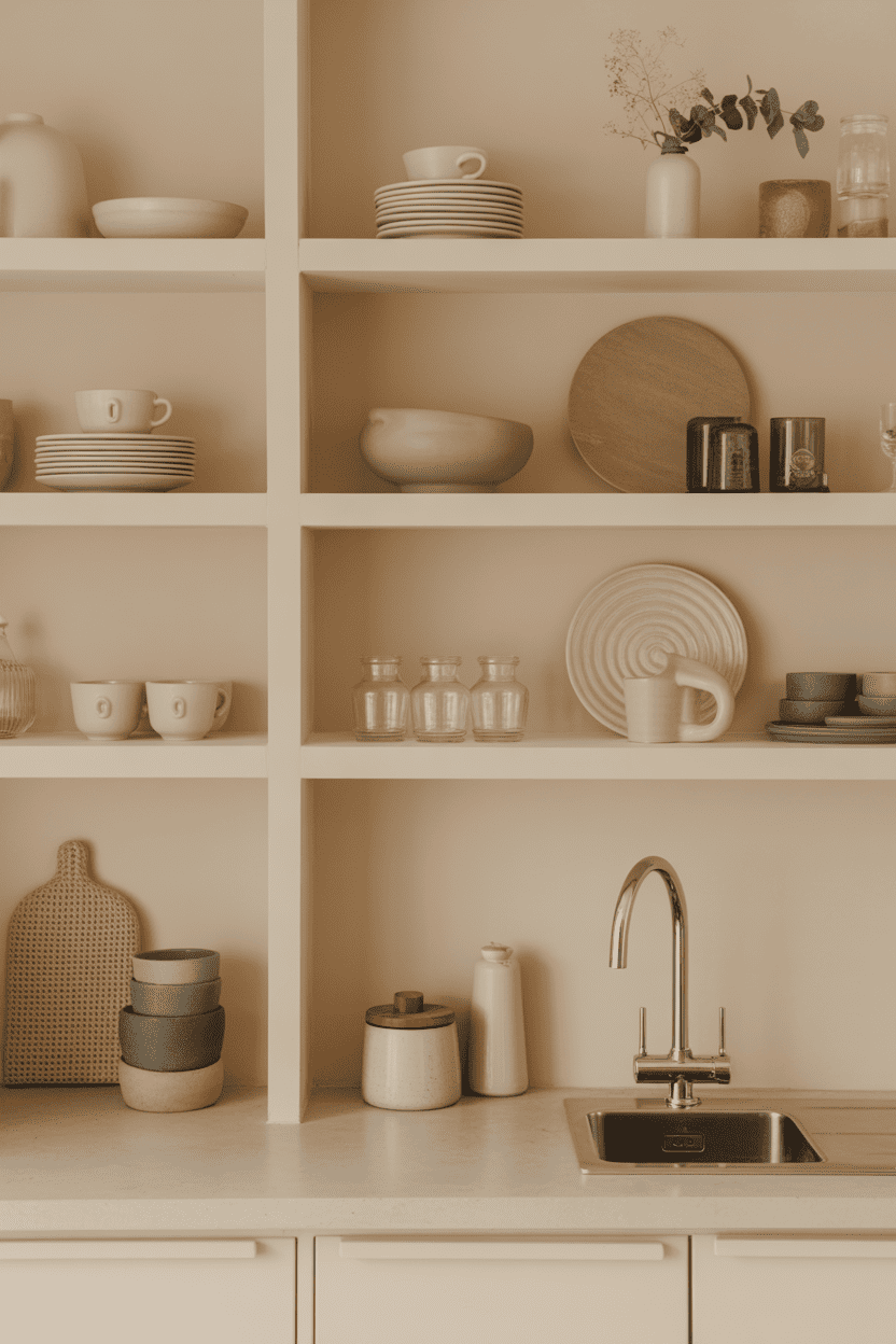 Åpne beige hyller med kuratert oppbevaring