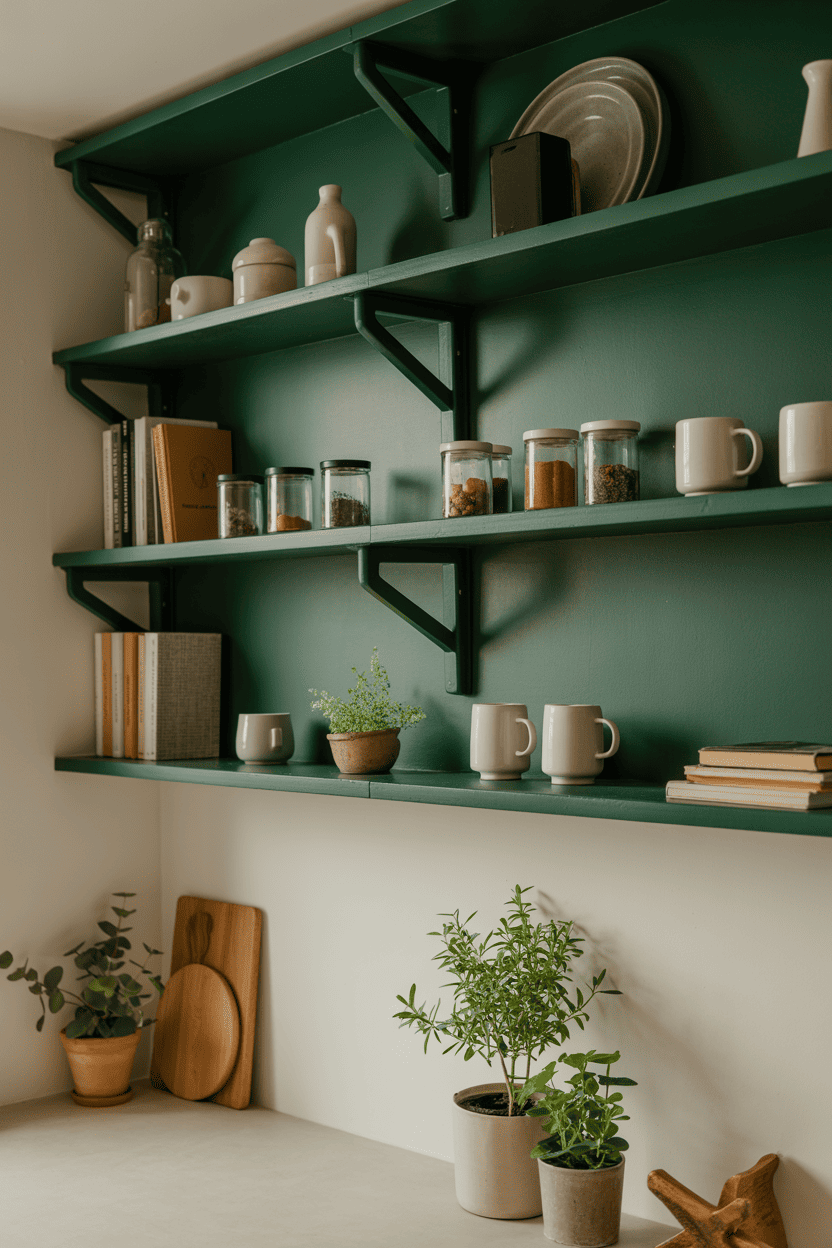 Åpne grønne hyller med dekorativ oppbevaring