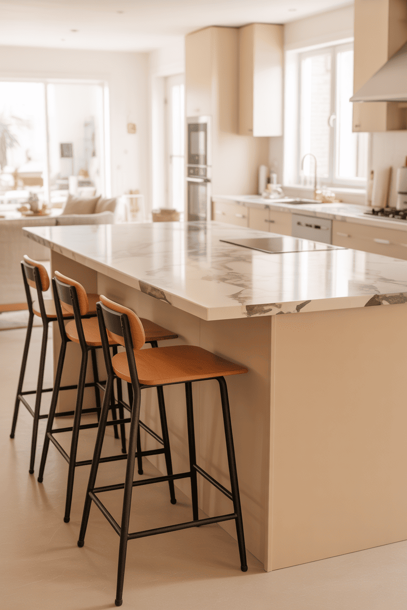 Beige kjøkkenøy som midtpunkt