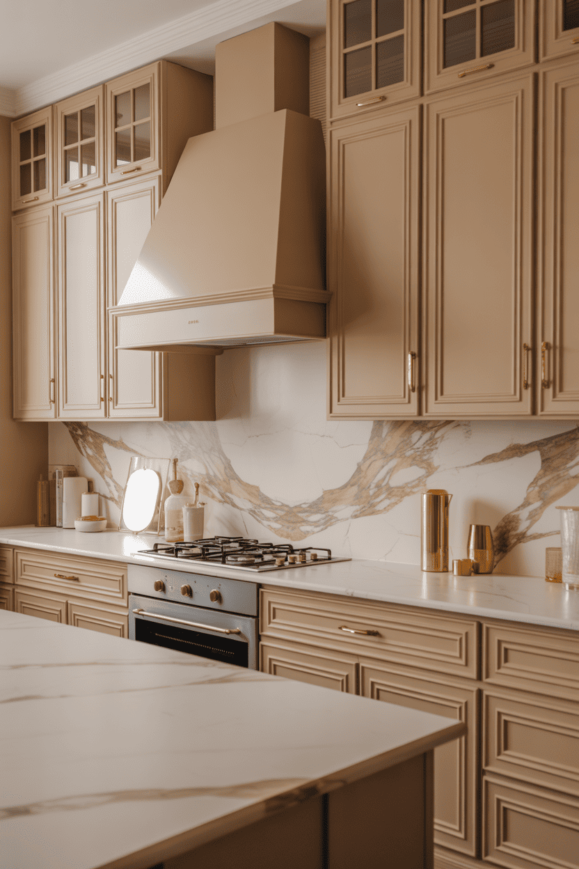 Beige kjøkkenskap med natursteinbenk