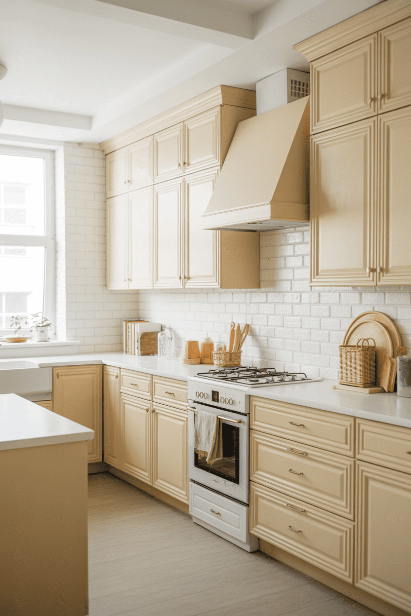 Beige og hvitt for et klassisk og lyst kjøkken