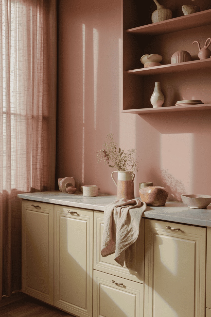 Beige og rosa for det vakreste feminine kjøkkenet