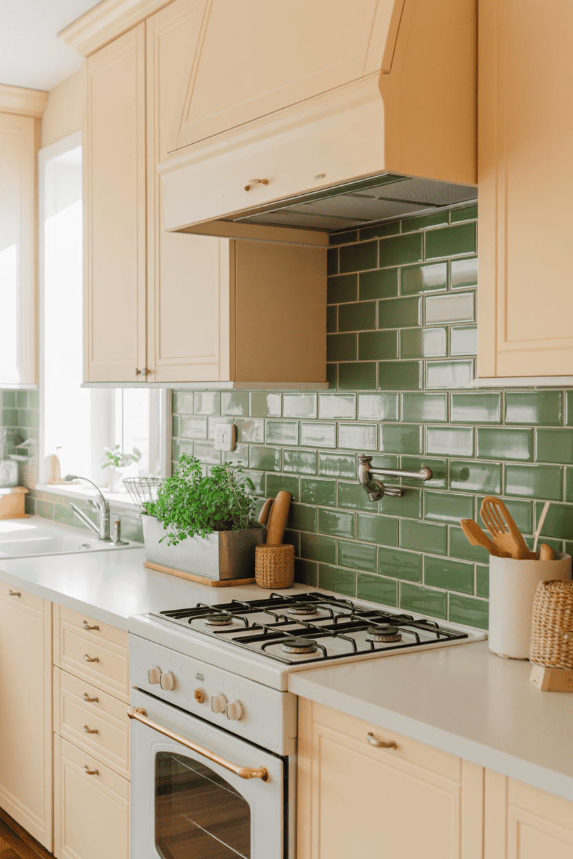 En grønn aksenvegg eller backsplash