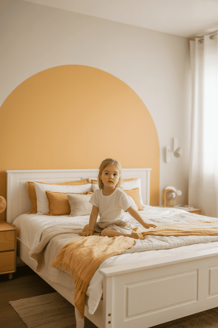 En gul aksenvegg bak sengen