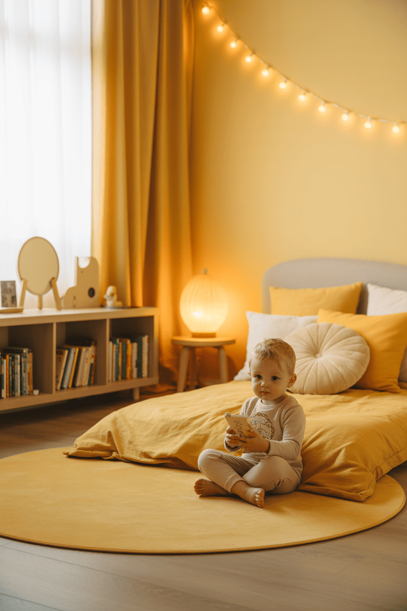 En gul lesekrok med koselige detaljer