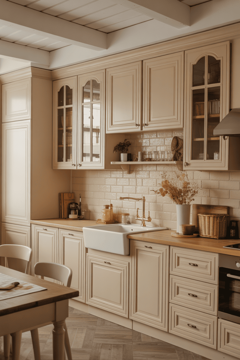 Et beige kjøkken med vintage sjarm