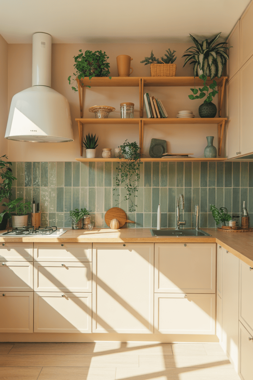 Et beige og grønt kjøkken med botanisk stemning