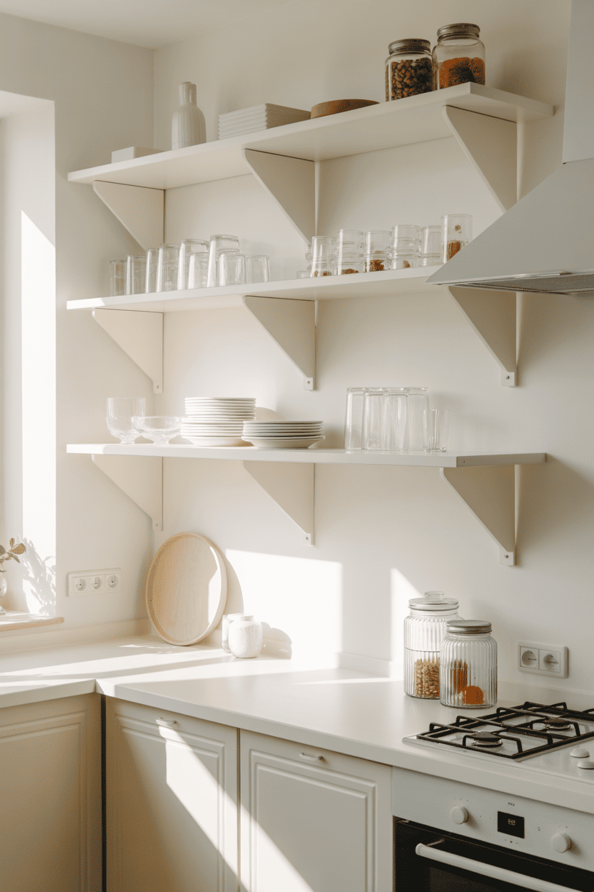 Flytende hvite hyller for et minimalistisk uttrykk