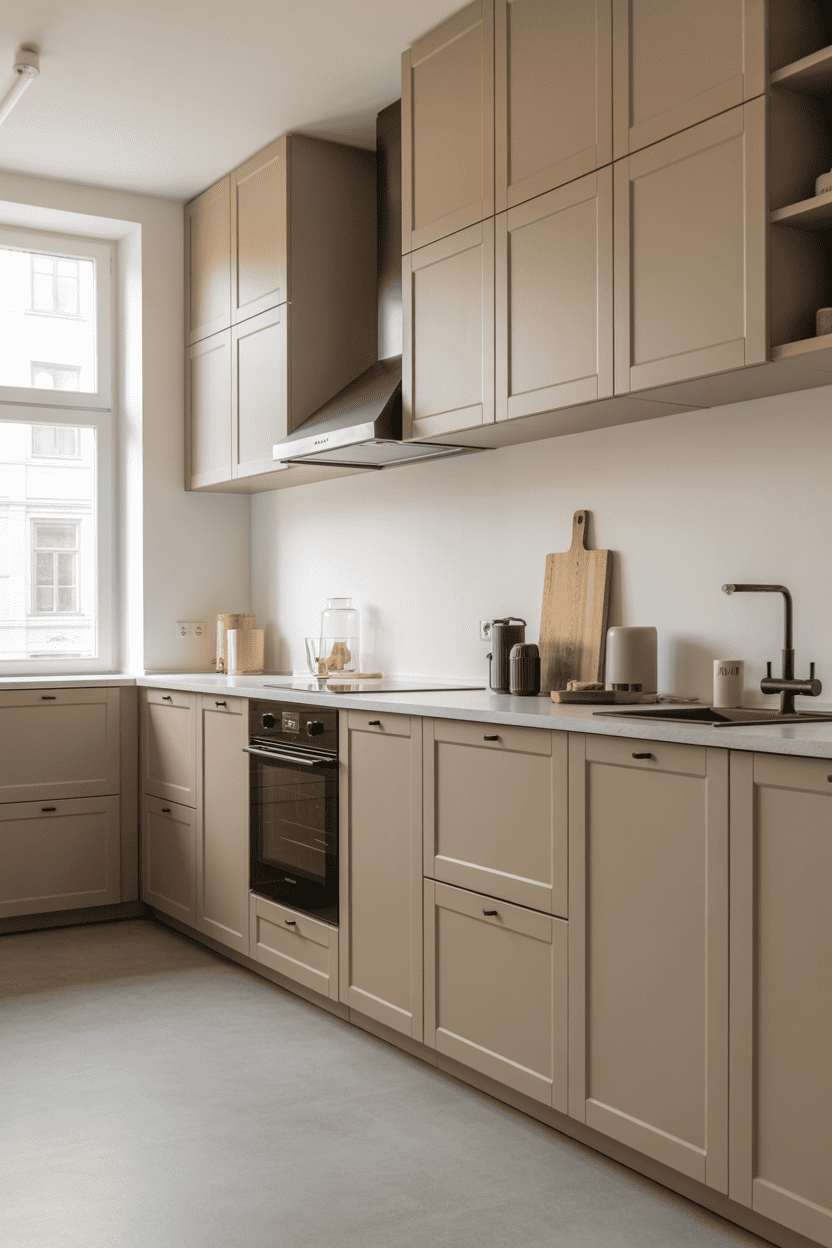 Greige kjøkken for et moderne minimalistisk uttrykk