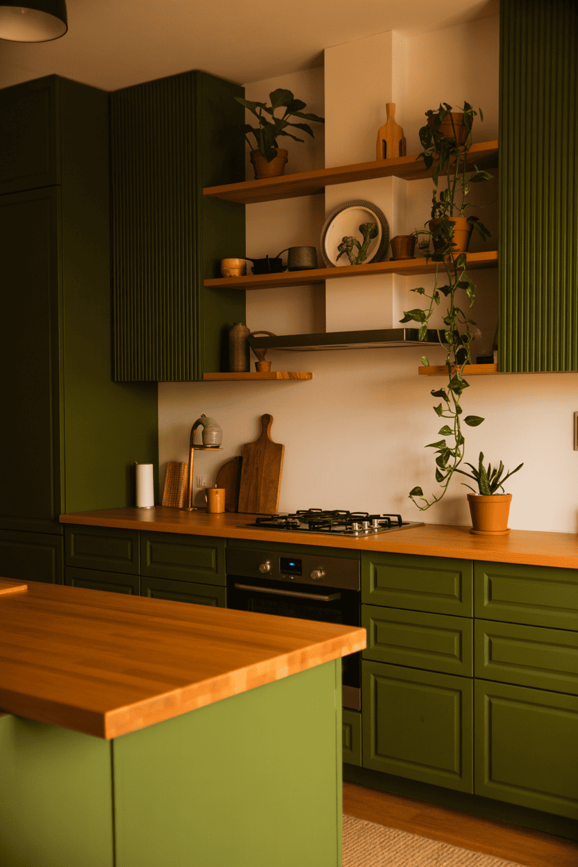 Grønne kjøkkenflater med naturtre