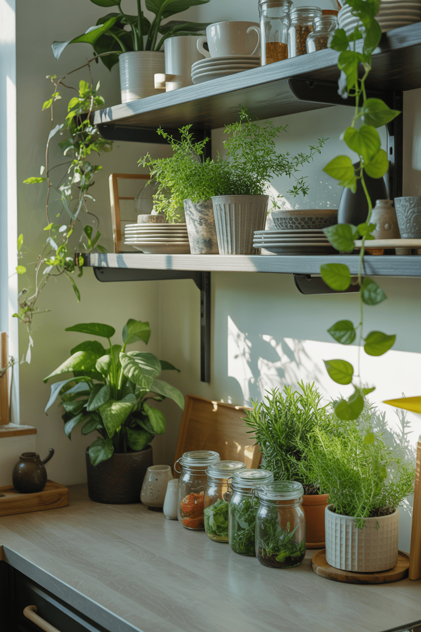 Grønne planter og botanisk styling på hyllene