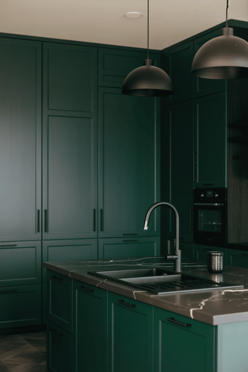 Grønt kjøkken med sort for et dramatisk uttrykk