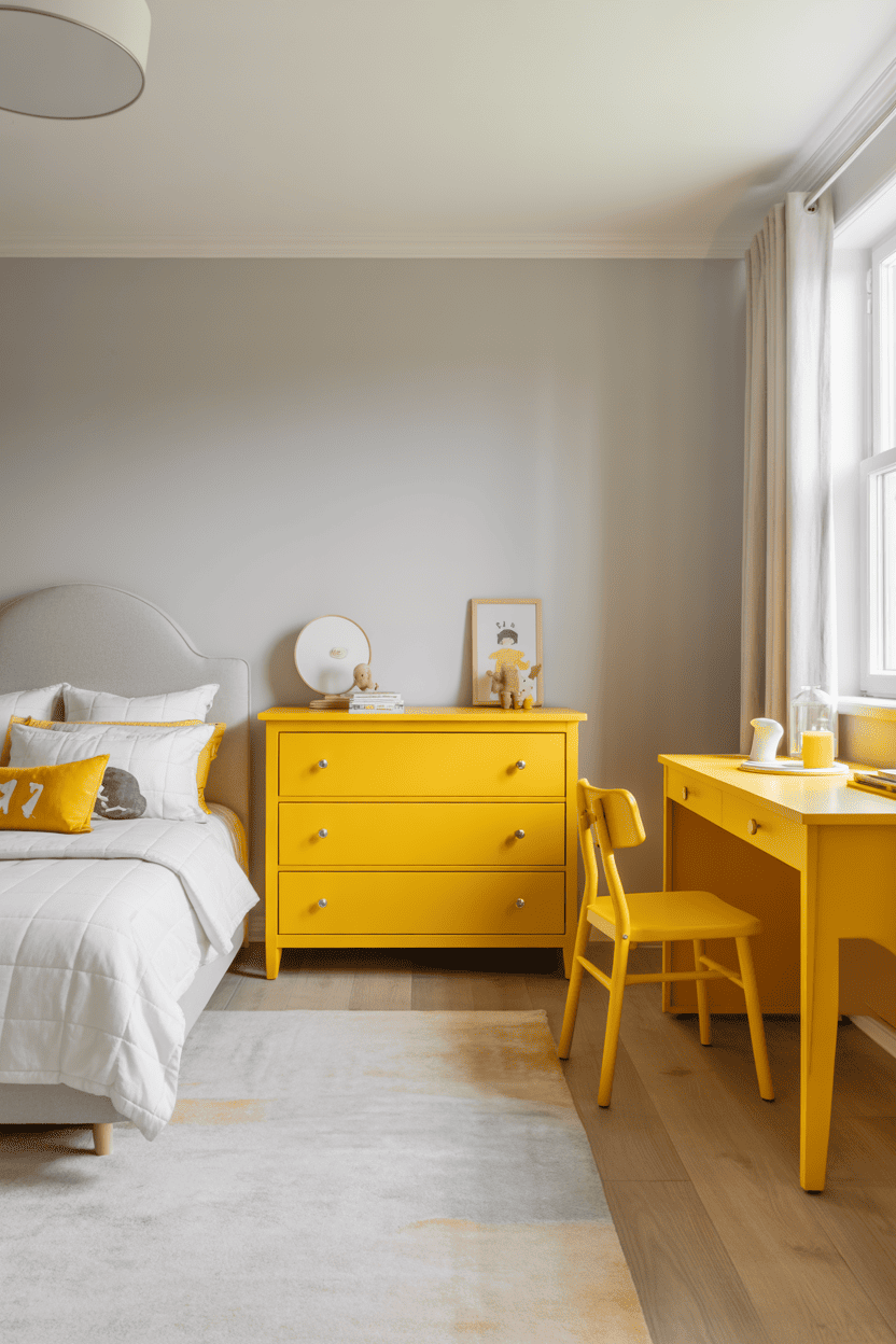 Gule møbler mot nøytrale vegger