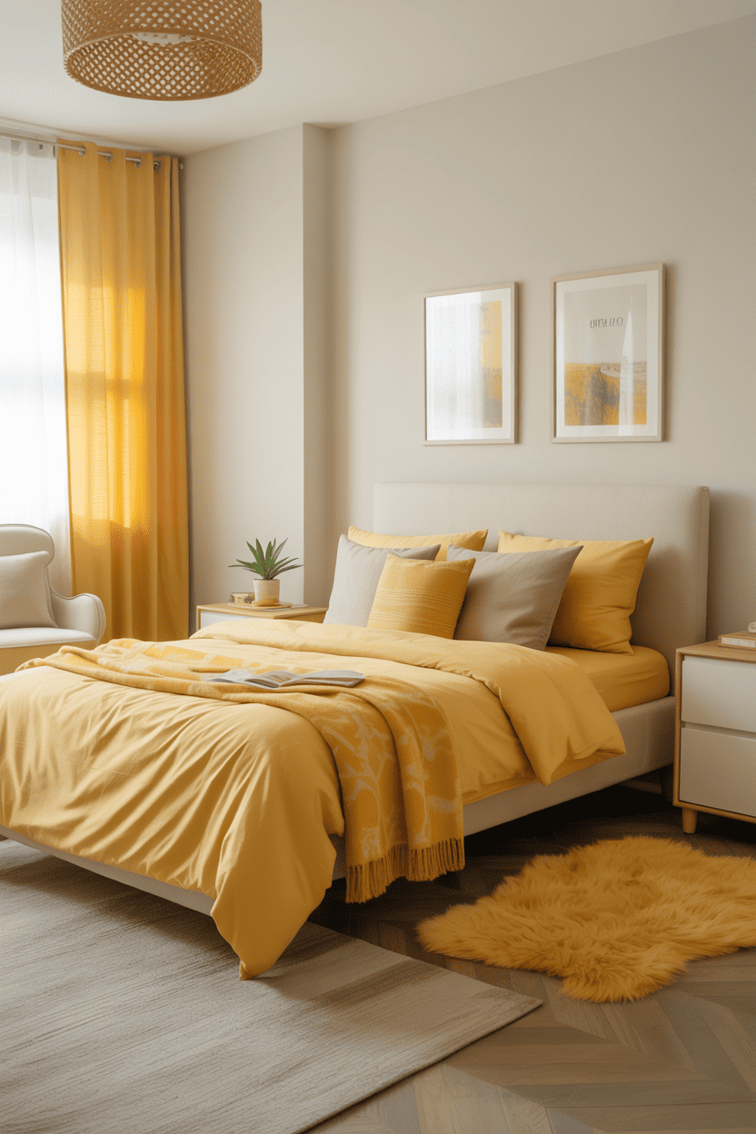 Gule tekstiler og myke detaljer