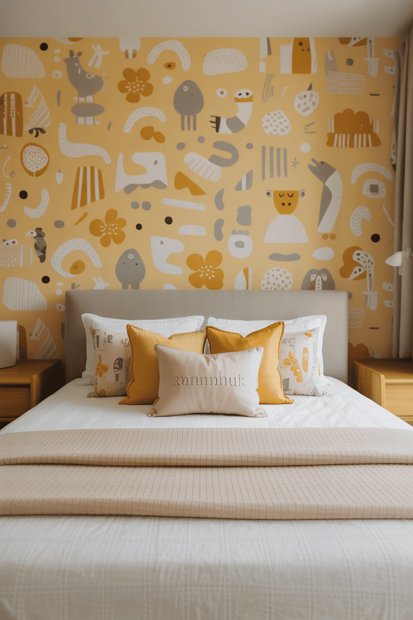 Gult fototapet med lekne mønstre