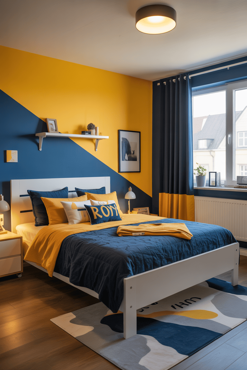 Gult og marineblått for gutterommet