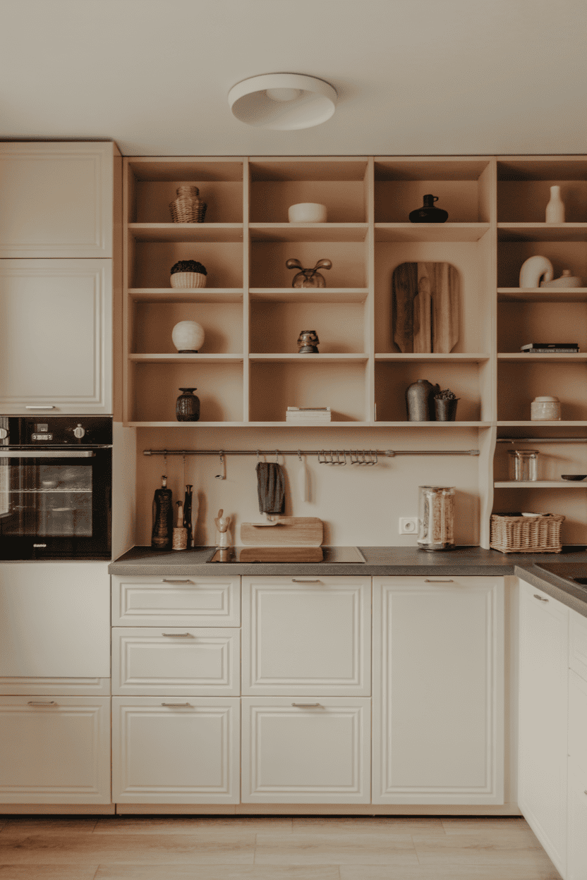 Kombiner åpne hyller med lukkede skap