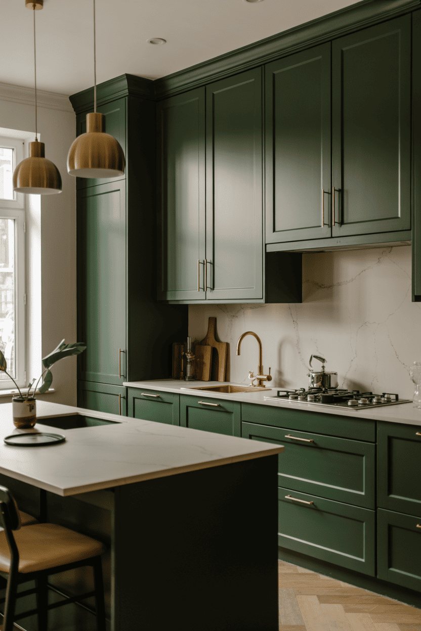 Mørkegrønne kjøkkenskap med messingdetaljer