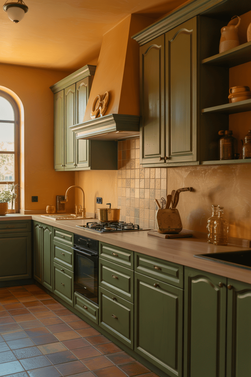 Olivengrønt kjøkken med varme jordfarger