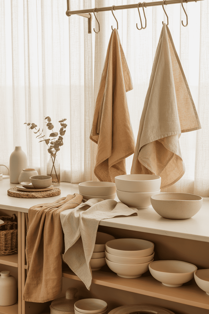 Start med beige tekstiler og tilbehør