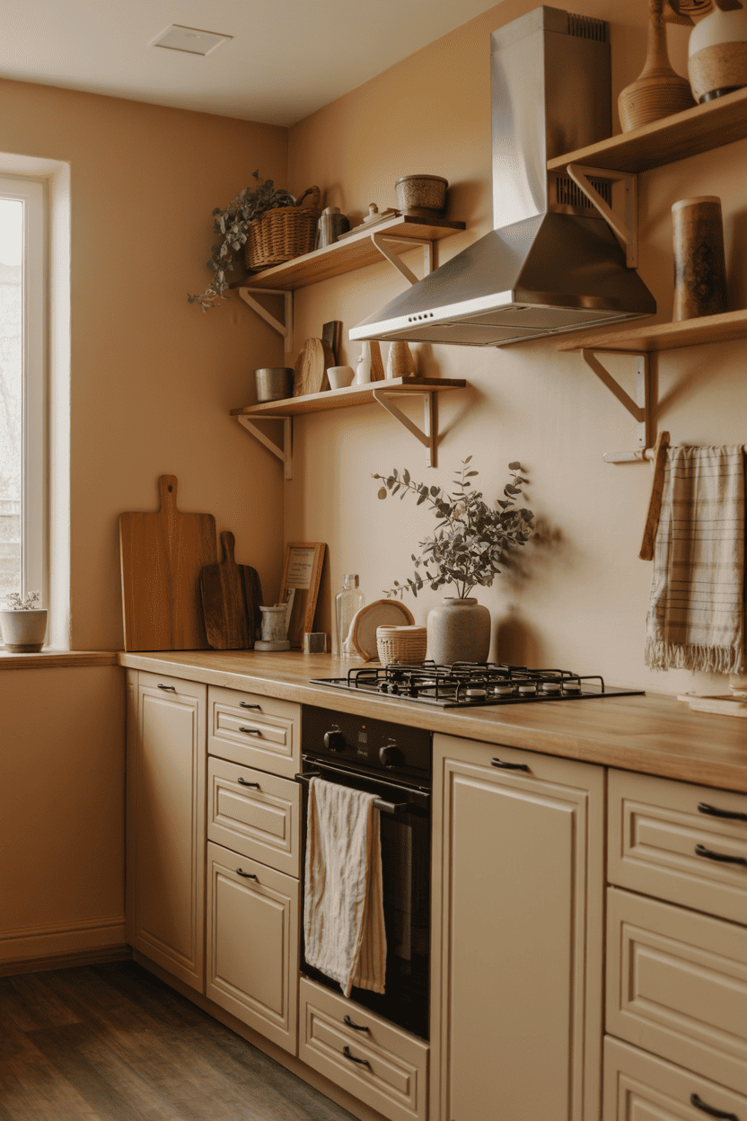 Varme beige toner med rustikke treelementer